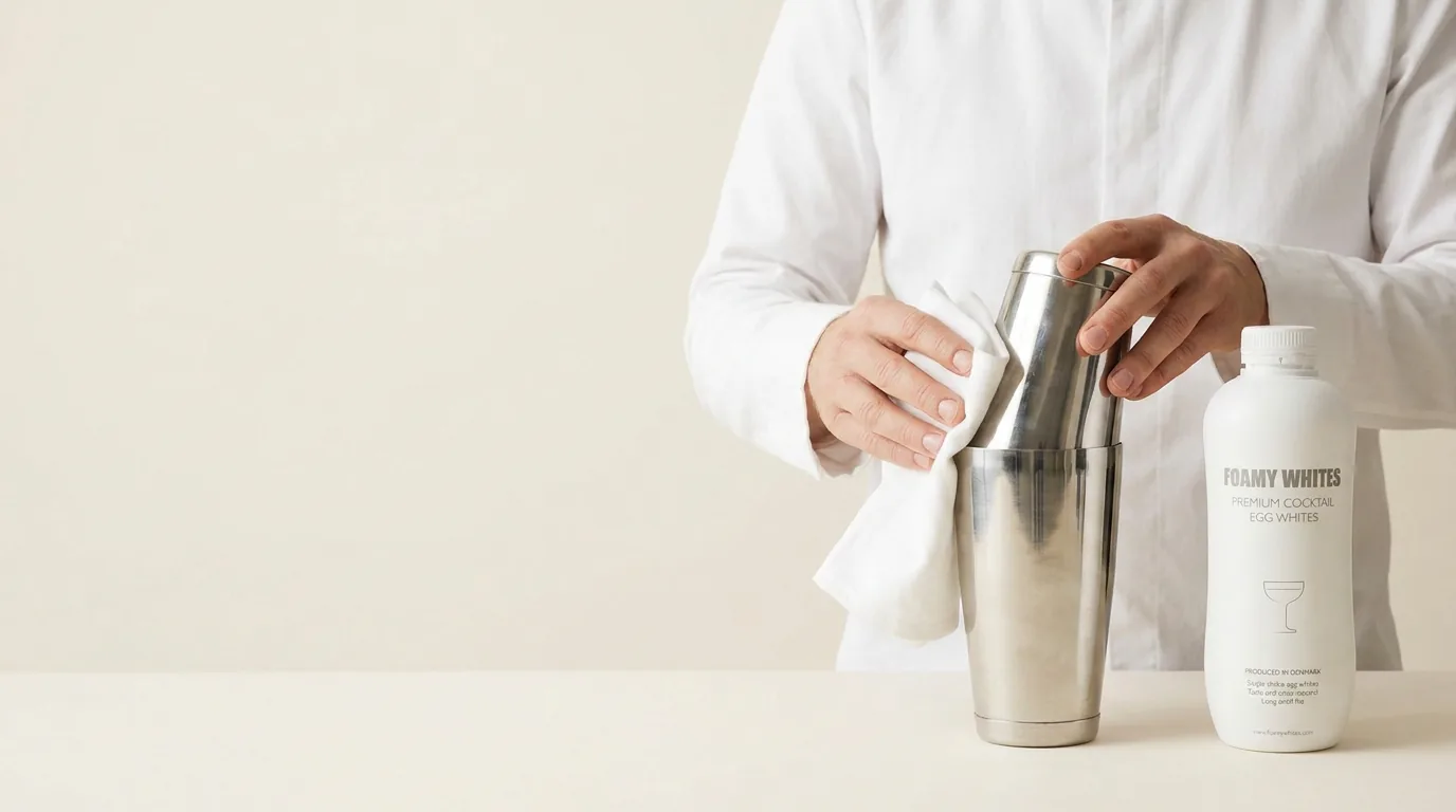 Hands polishing a steel shaker beside the FOAMY WHITES bottle before service