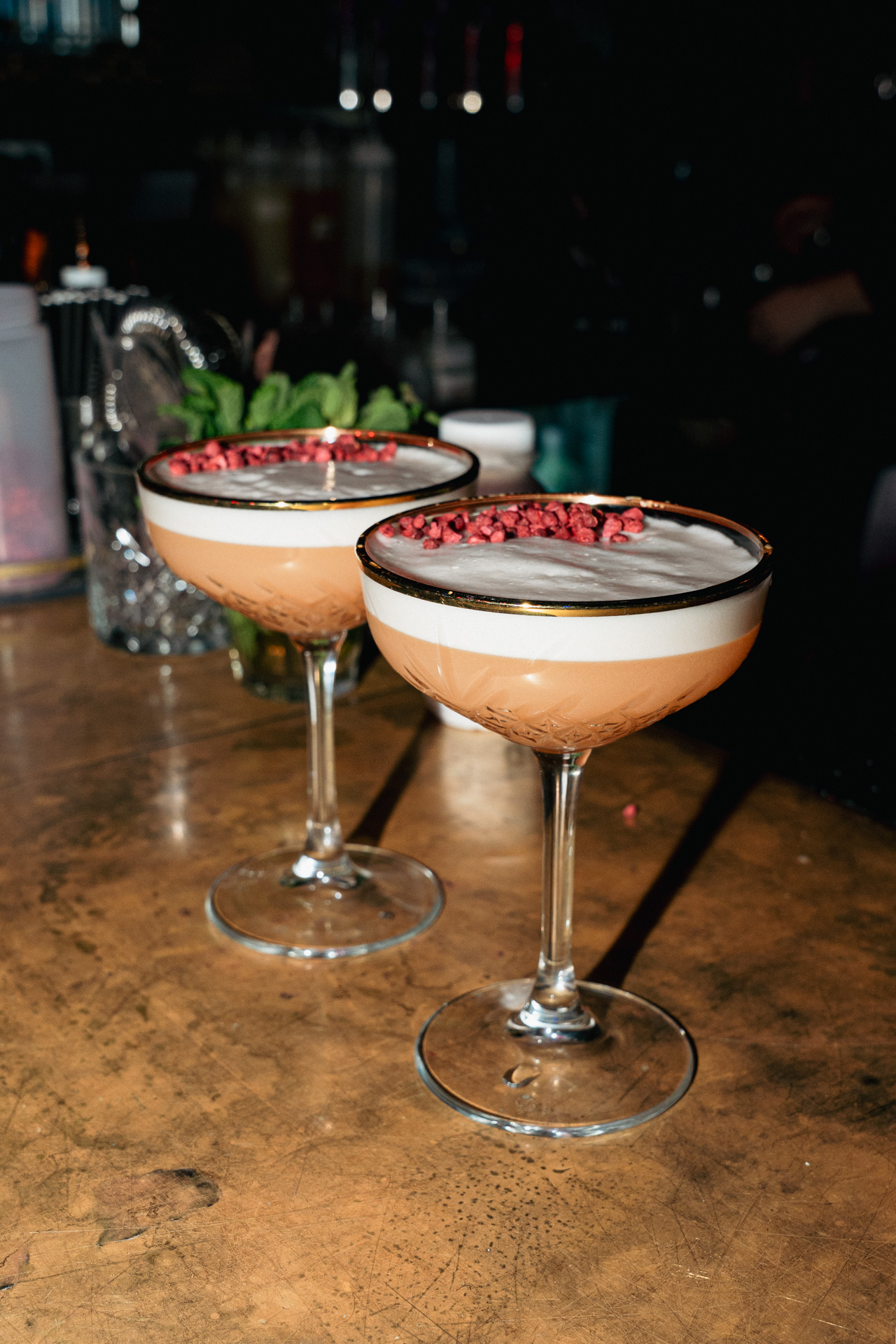 A line of espresso martinis, ready for the floor.